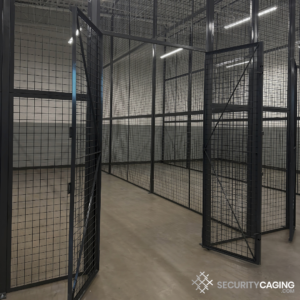 Modular wire mesh partition system with secure hinged doors designed for controlled access and visibility in a secure storage area.